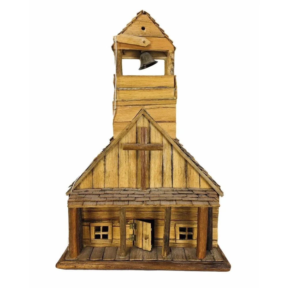 Vintage Folk Art Southwestern Saguaro Cactus Bark Mission Church Signed RARE